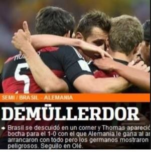 Jornal Olé, da Argentina, exalta Thomas Müller durante o jogo entre Alemanha e Brasil: 