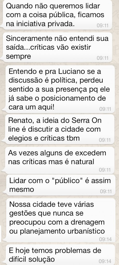 Assunto rendeu no Serra On Line, grupo de Whatsapp que debate problemas da cidade